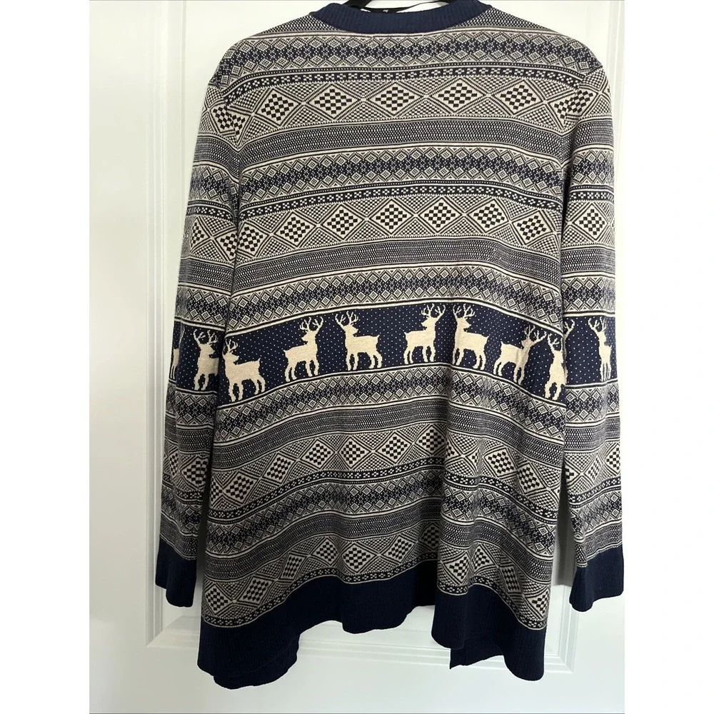 BASS USA S Navy Blue Beige DEER Knit Open Front LONG CARDIGAN Sweater FAIR ISLE